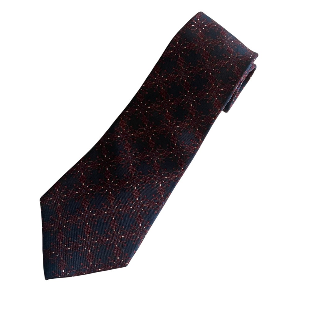Christian Dior Silk Tie Navy & Red Geometric‎ Italian Fabric Made in USA
